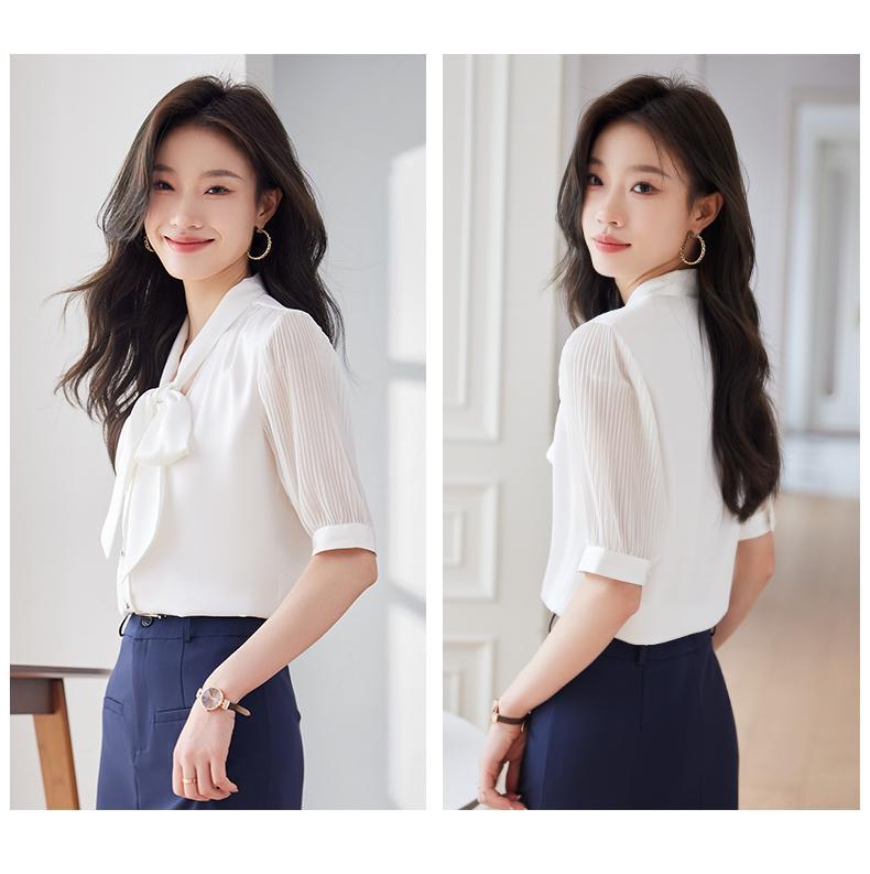 50代ファッション 優美リボンタイ プリーツ袖ブラウス