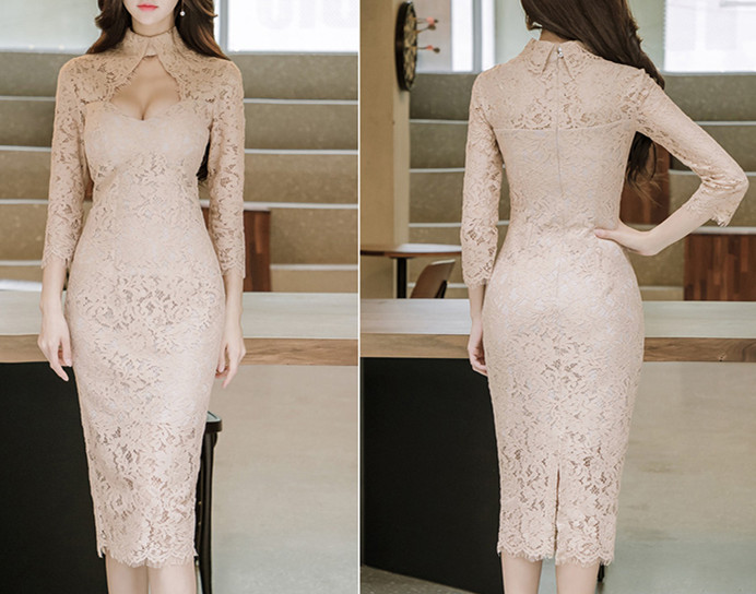 50代ファッション レース刺繍長袖タイトワンピース上品膝丈ドレス