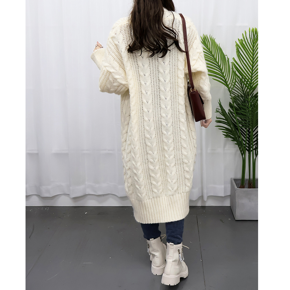 50代ファッション ケーブル編みロング丈カーディガン レディース