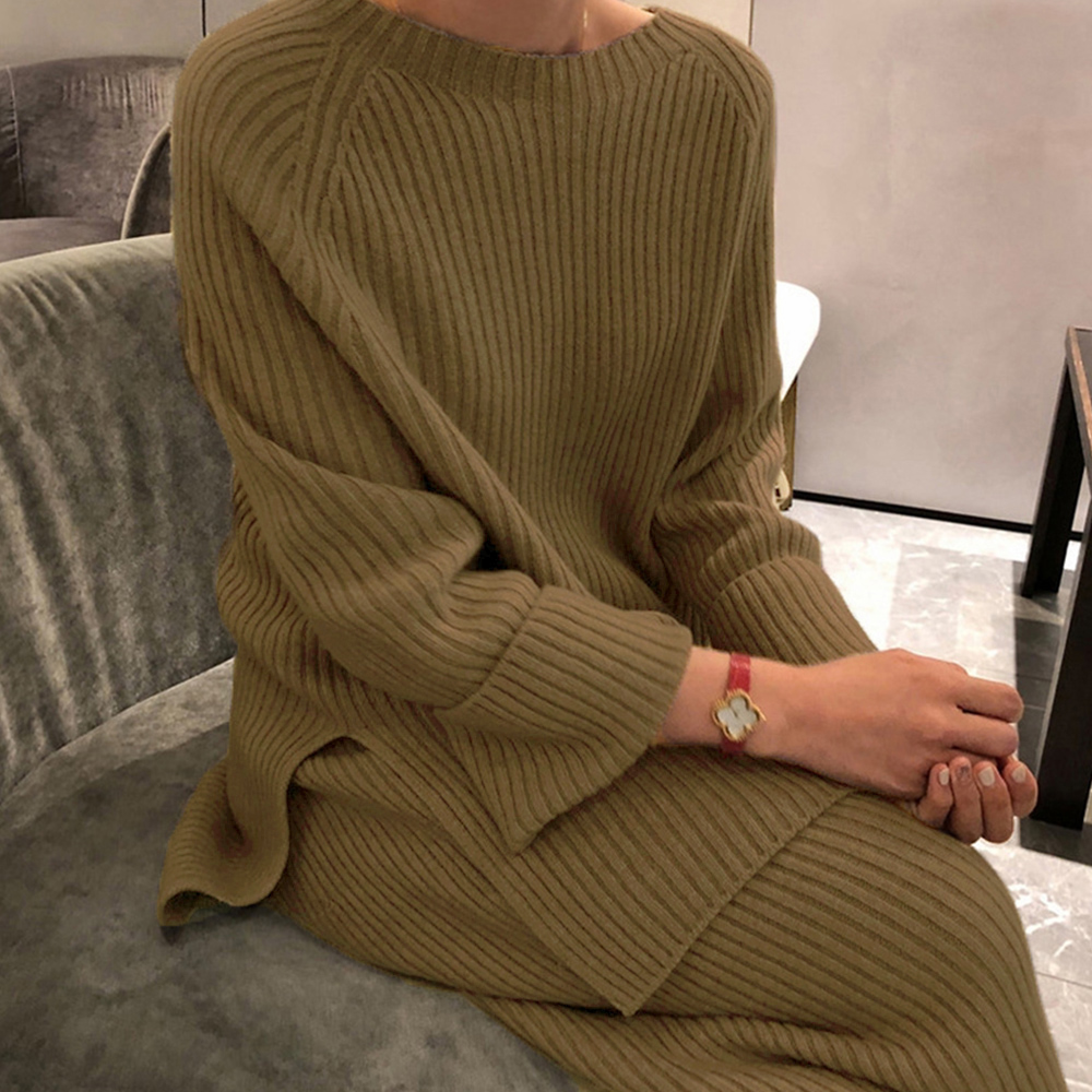 50代ファッション 秋冬リブニットセットアップ レディース 長袖