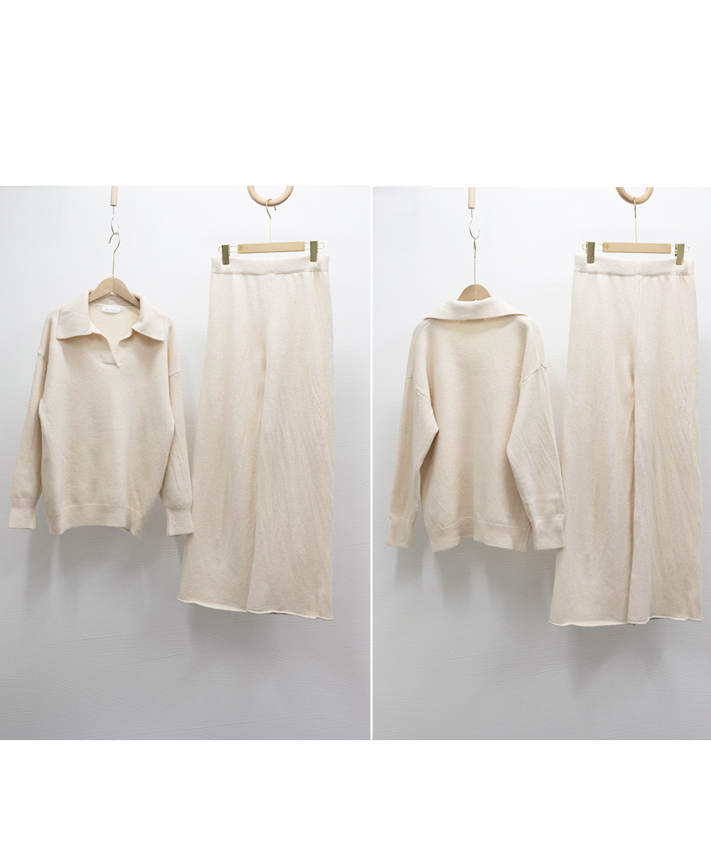 50代ファッション きれいめポロ襟ニットセットアップ上下セット秋冬