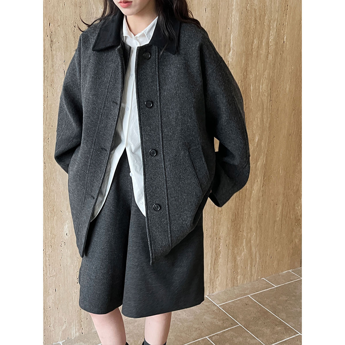 50代ファッション 上品ウールコート レディース 襟付き 冬アウター 二色展開