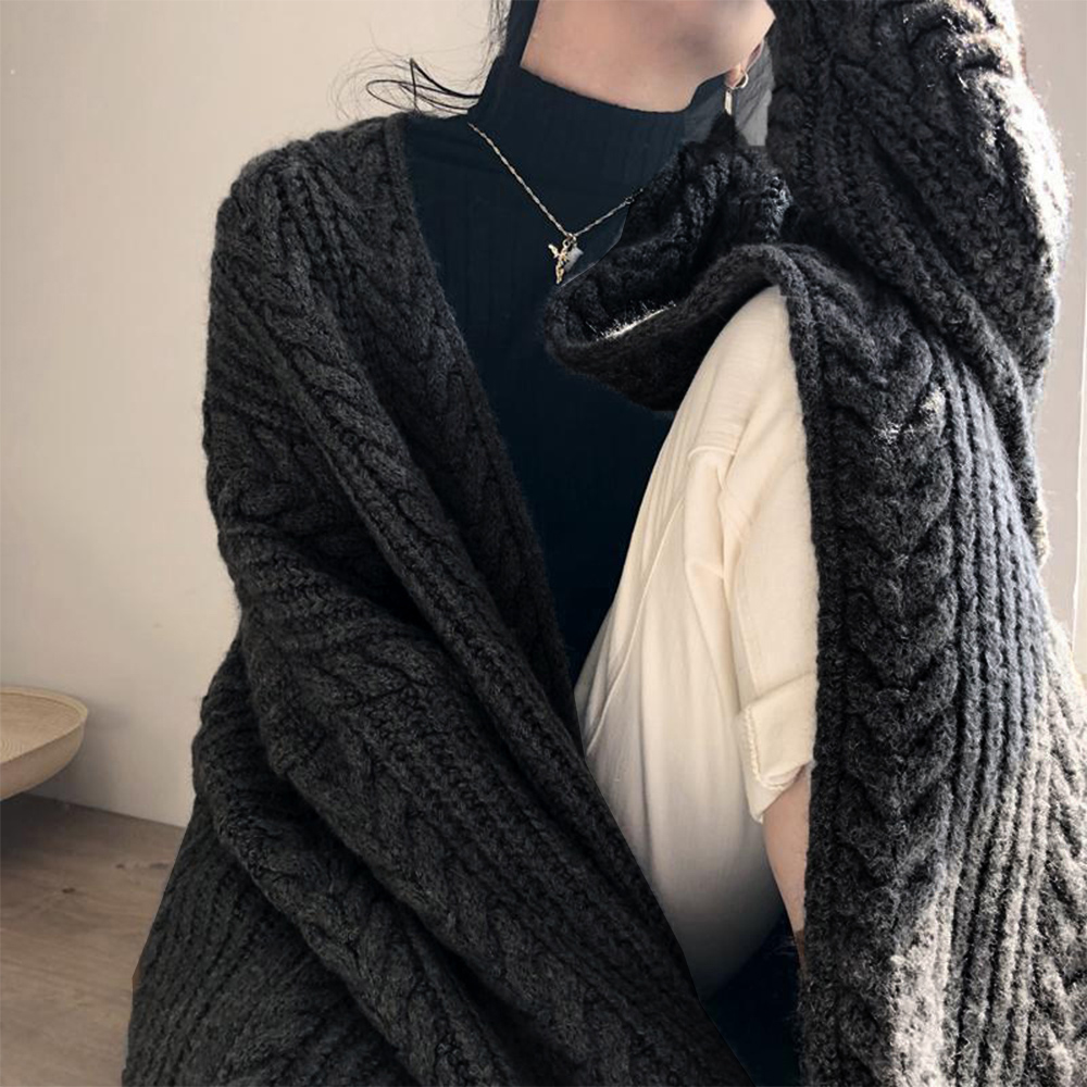 50代ファッション ケーブル編みロング丈カーディガン レディース