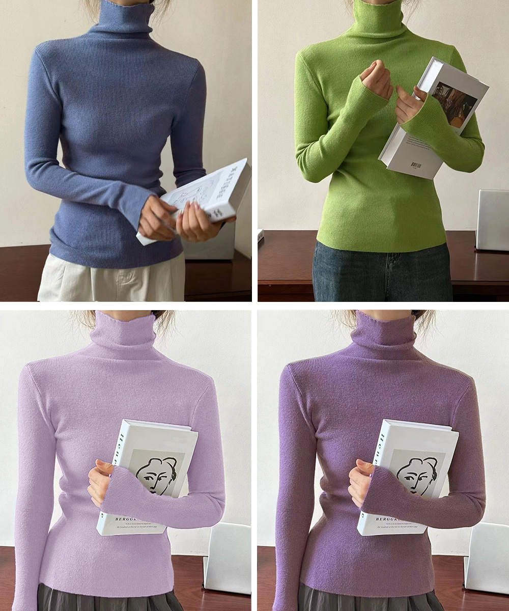 50代ファッション 上品なタートルネックリブニットセーター