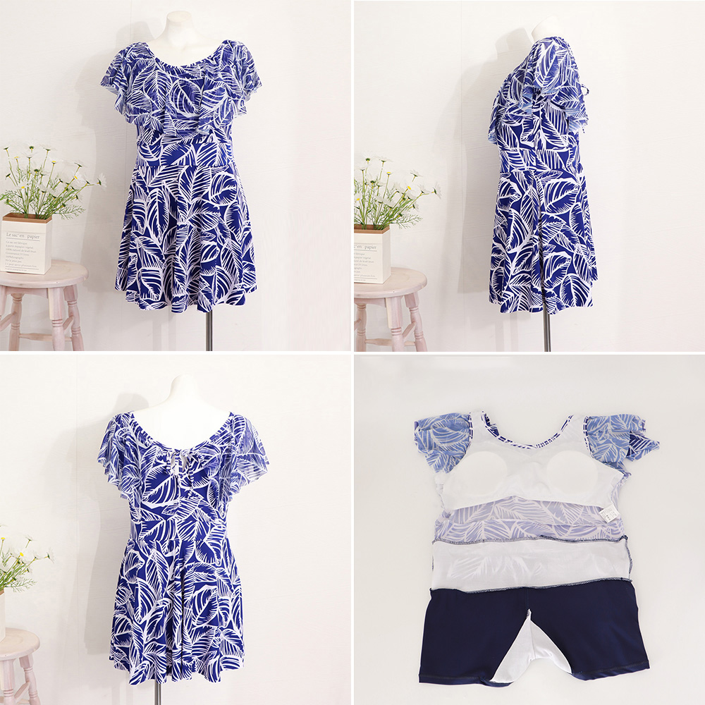 50代ファッション 体型カバー葉柄ワンピース水着