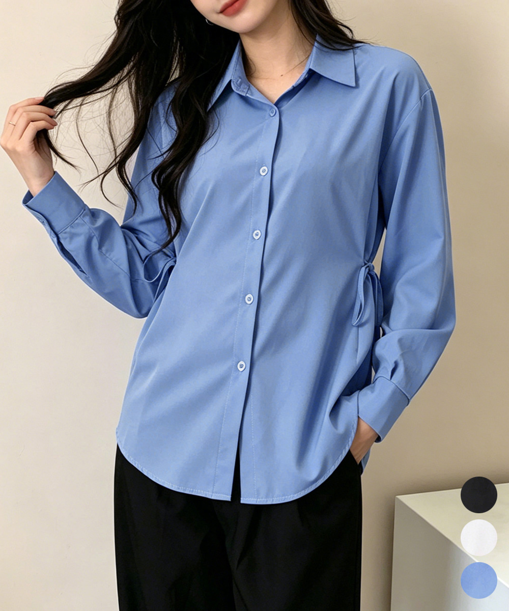 50代ファッション サイドリボン付き長袖シャツブラウス 大人女性向け