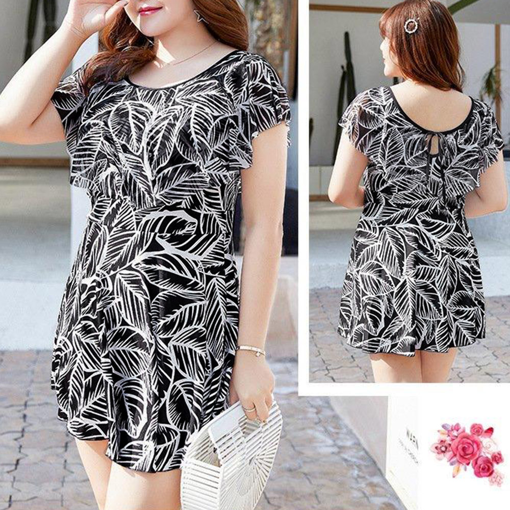 50代ファッション 体型カバー葉柄ワンピース水着