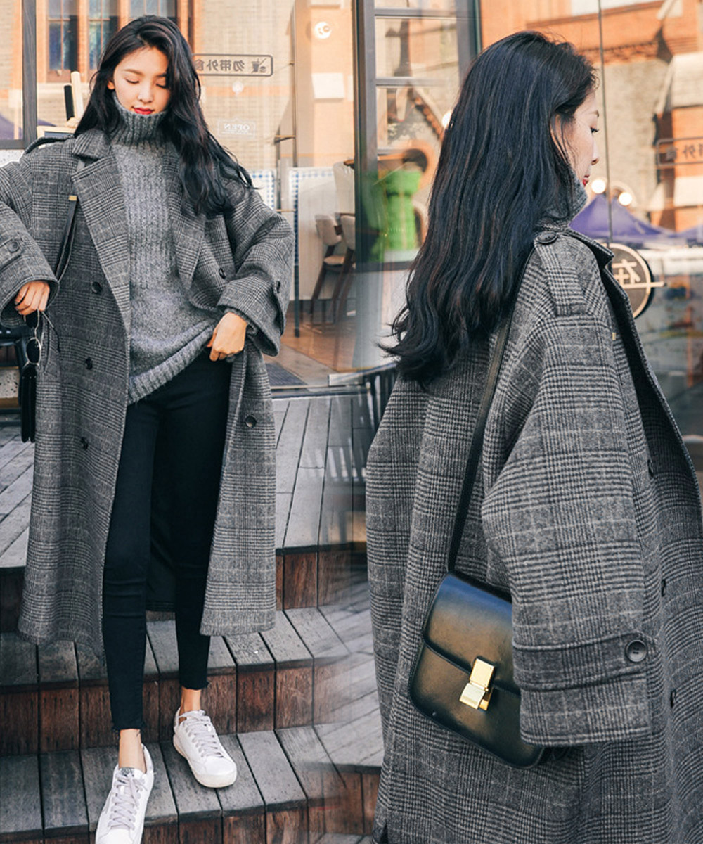 50代ファッション 中綿入りグレンチェックロングコート