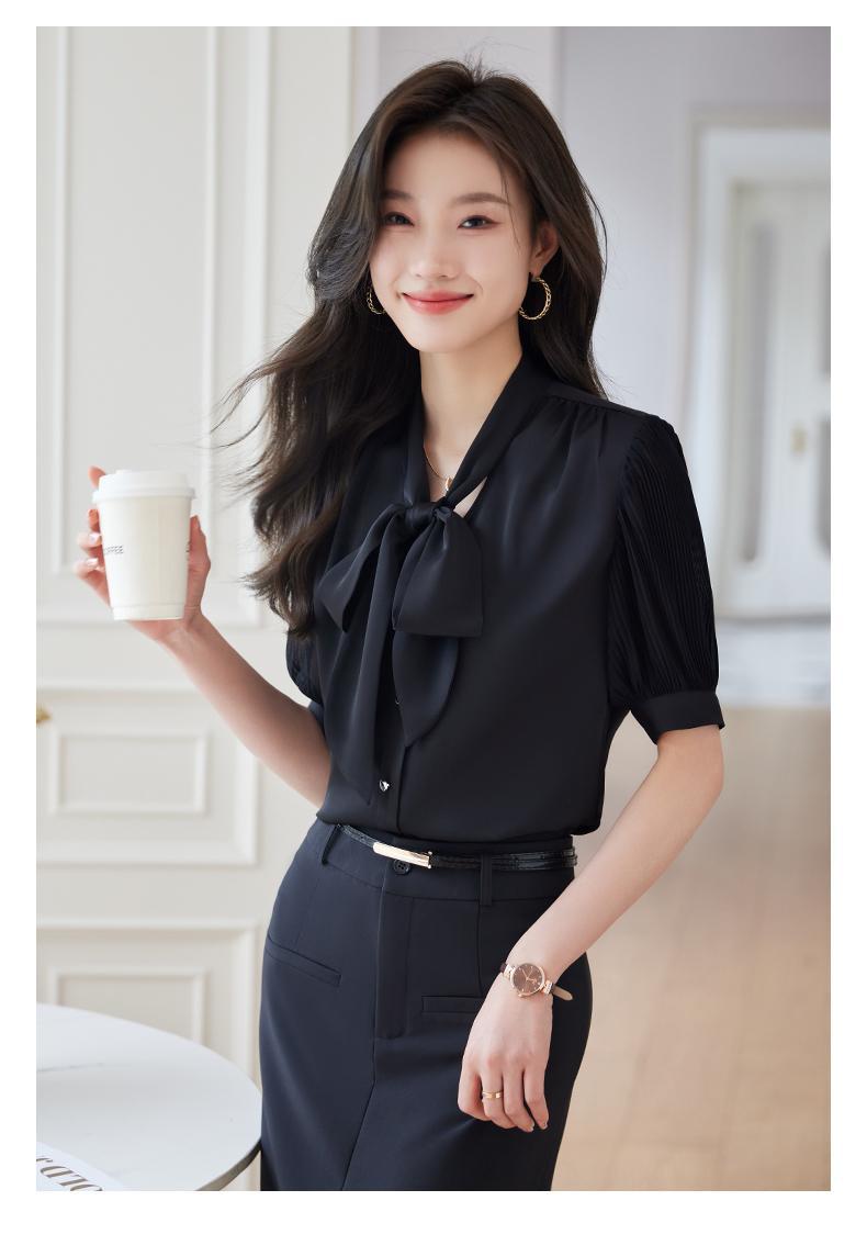 50代ファッション 優美リボンタイ プリーツ袖ブラウス