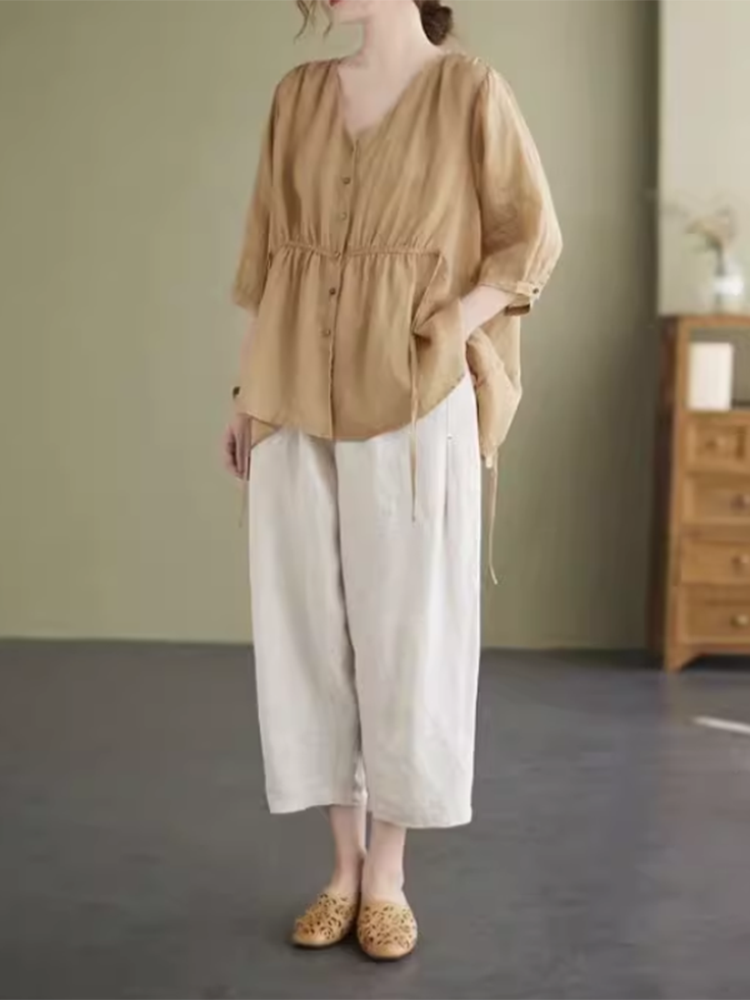 50代ファッション リネン風ワイドクロップドパンツ