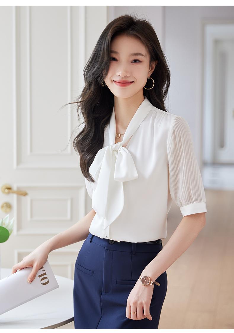 50代ファッション 優美リボンタイ プリーツ袖ブラウス