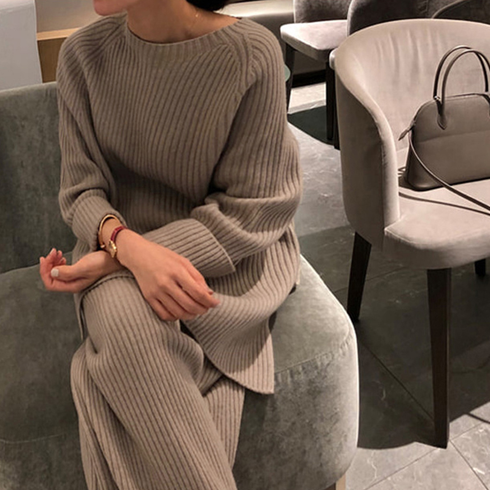 50代ファッション 秋冬リブニットセットアップ レディース 長袖