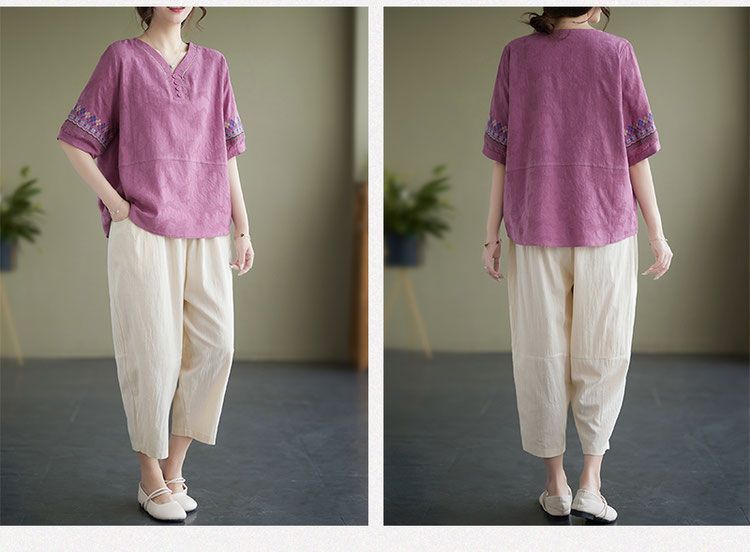 50代ファッション 刺繍入り麻混ブラウスとワイドパンツセット