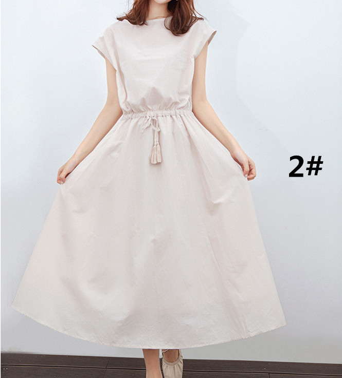 50代ファッション 夏新作半袖ワンピース上品な麻素材ロング丈選べる4色