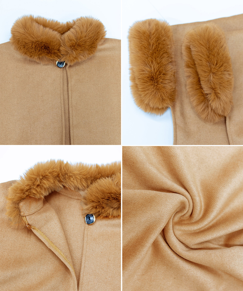 50代ファッション 上質ウール風ファー付きケープコート