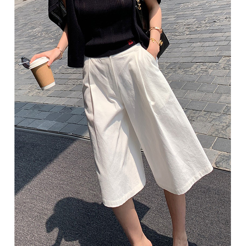 50代ファッション 韓国風無地ワイドクロップドパンツ夏用ドレープレディース