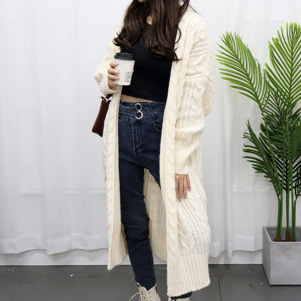 50代ファッション ケーブル編みロング丈カーディガン レディース
