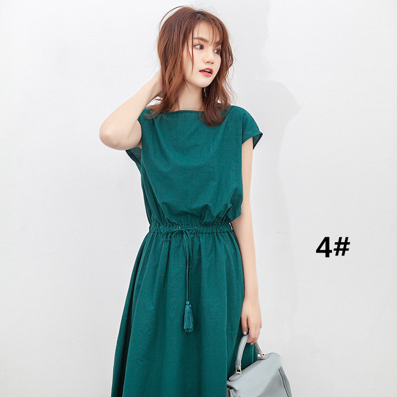 50代ファッション 夏新作半袖ワンピース上品な麻素材ロング丈選べる4色
