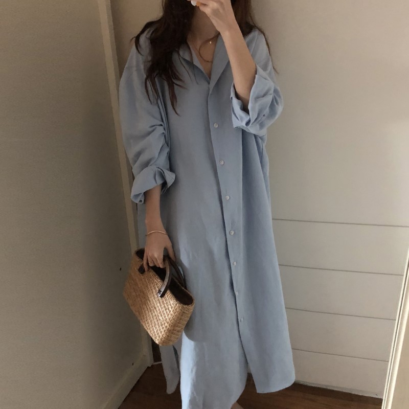 50代ファッション リラックス前開きシャツワンピース