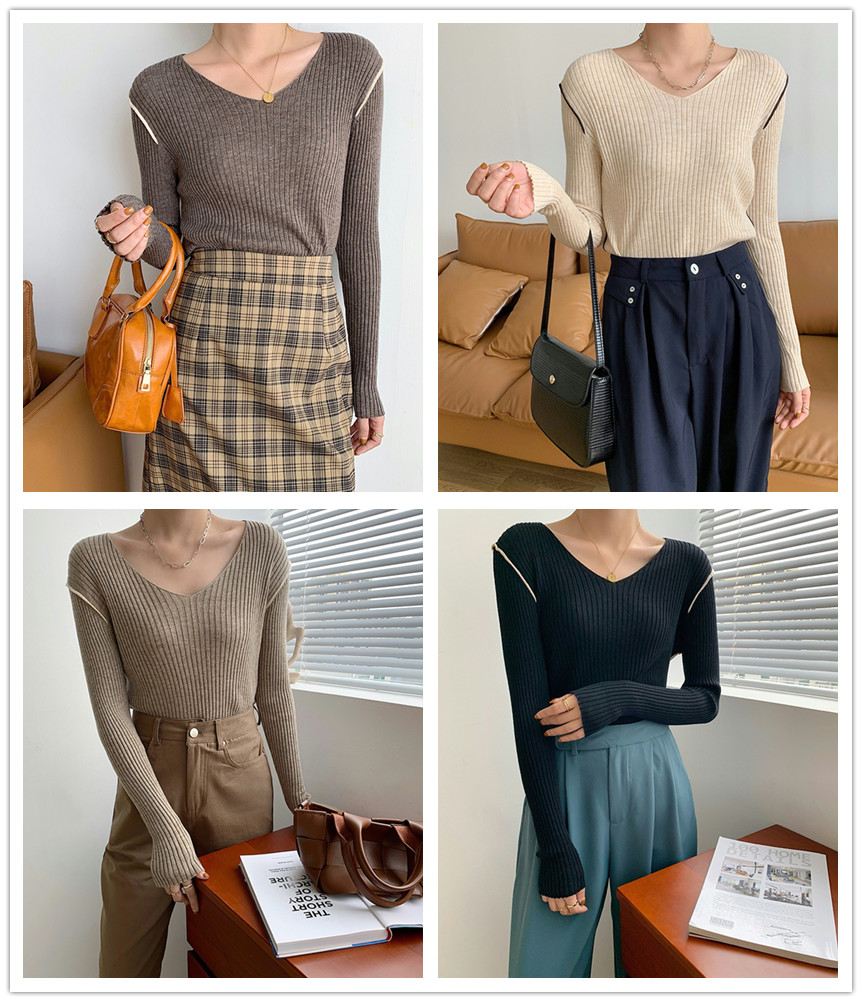 50代ファッション 上品なブイネック長袖リブニットセーター