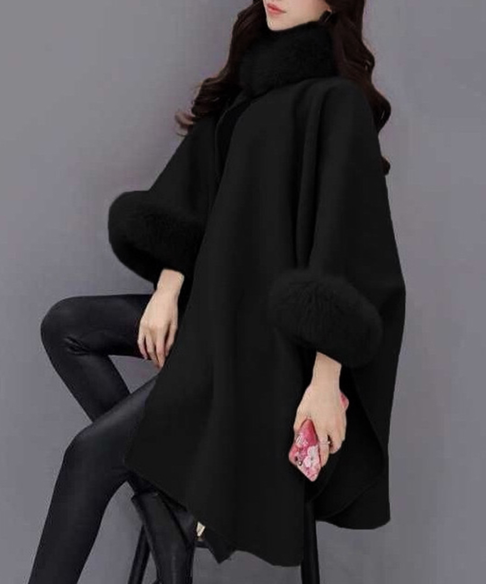50代ファッション 上質ウール風ファー付きケープコート