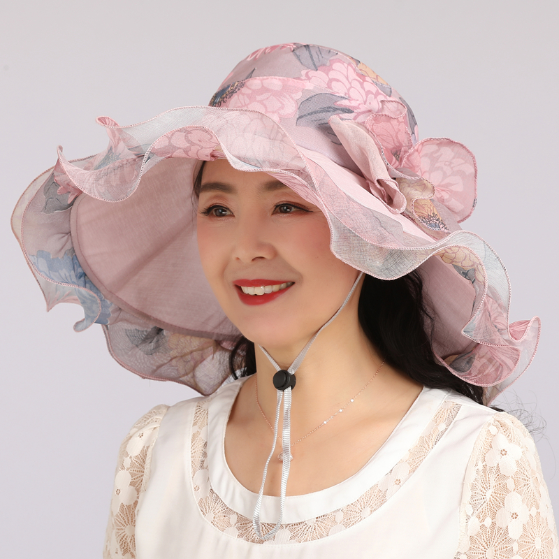 50代ファッション 花模様 ウェーブブリム つば広帽子