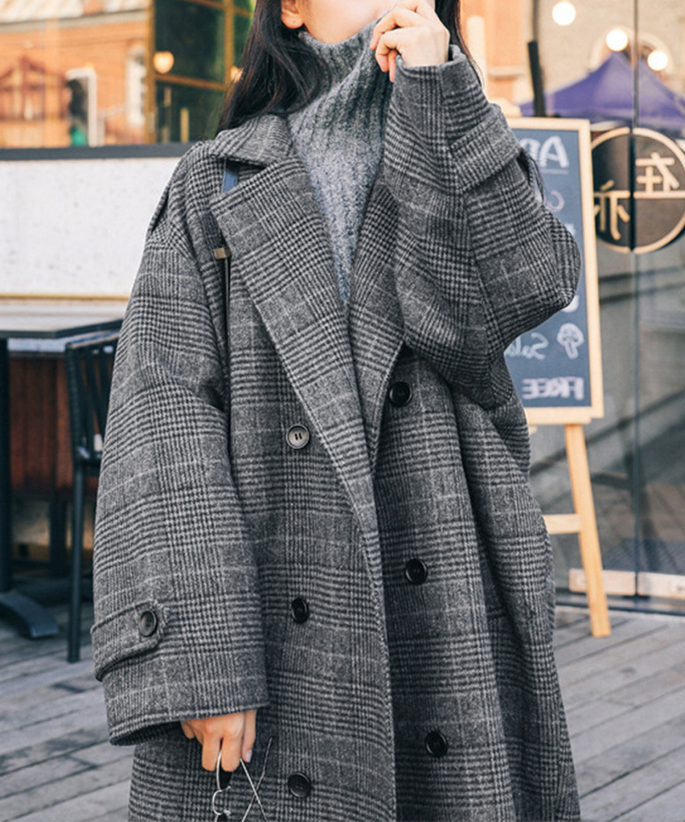 50代ファッション 中綿入りグレンチェックロングコート