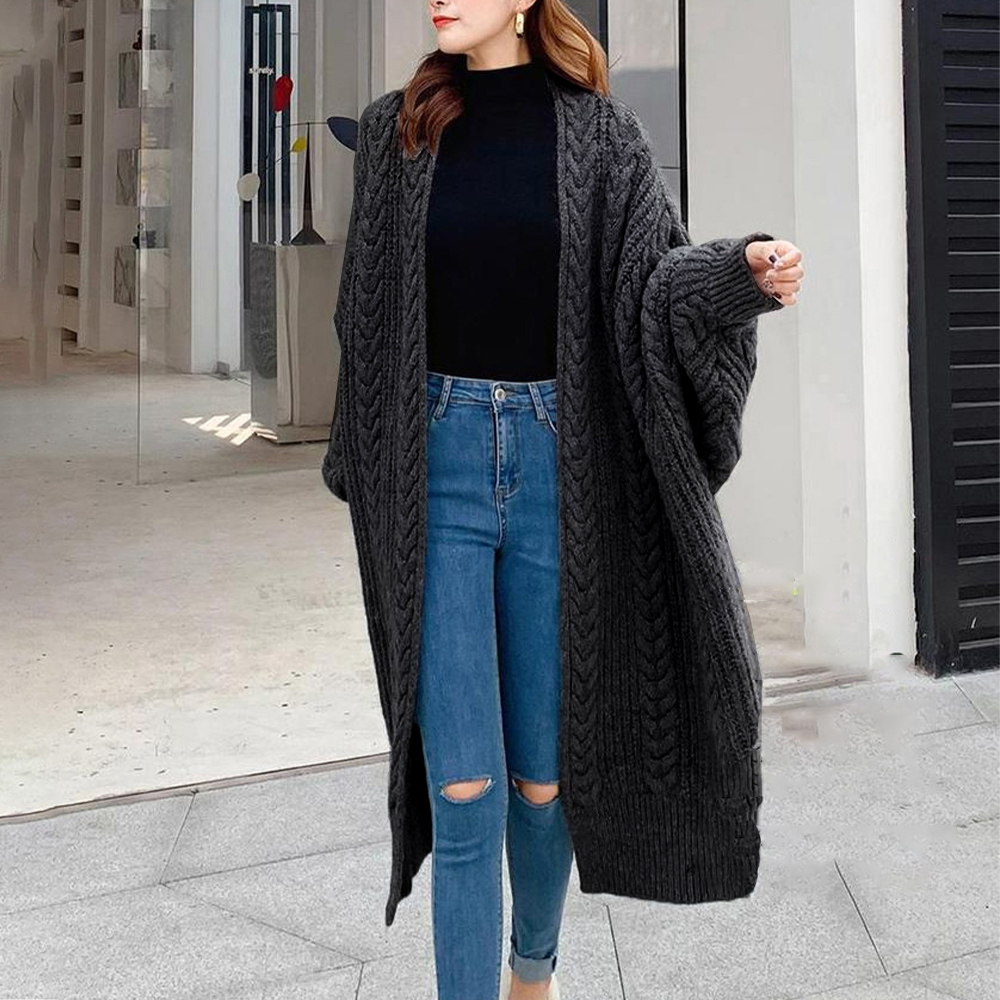 50代ファッション ケーブル編みロング丈カーディガン レディース