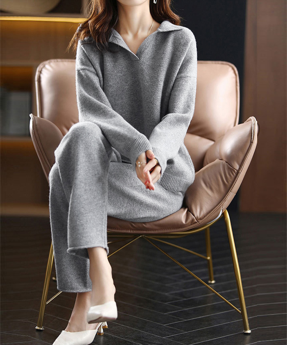 50代ファッション きれいめポロ襟ニットセットアップ上下セット秋冬