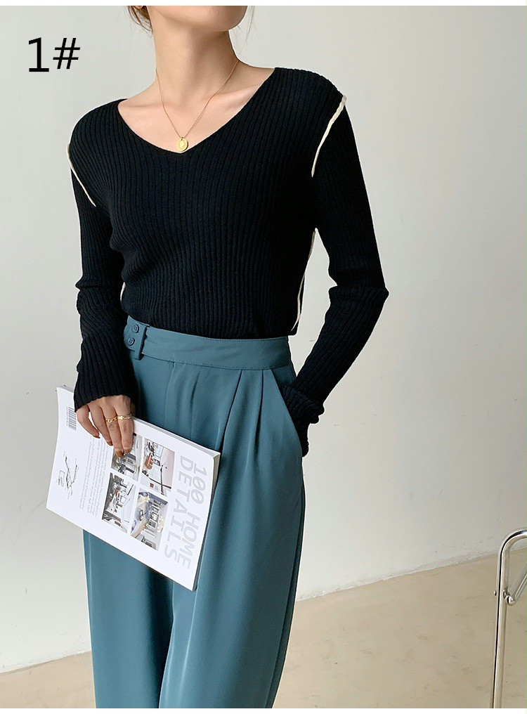 50代ファッション 上品なブイネック長袖リブニットセーター