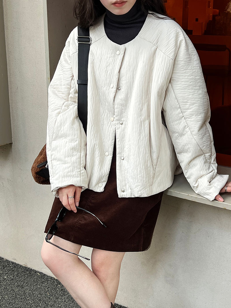 50代ファッション リブ編み中綿入りジャケット レディース