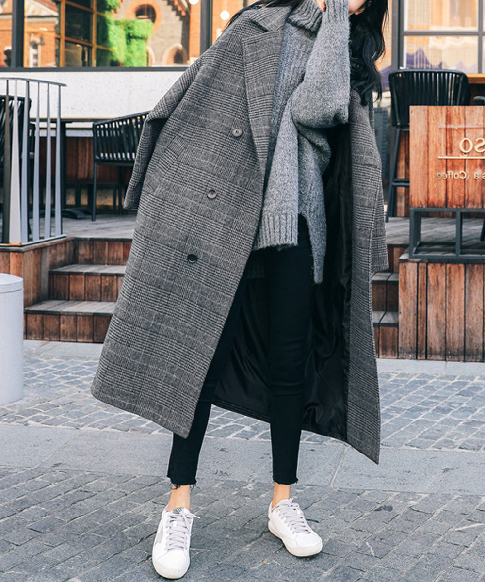 50代ファッション 中綿入りグレンチェックロングコート