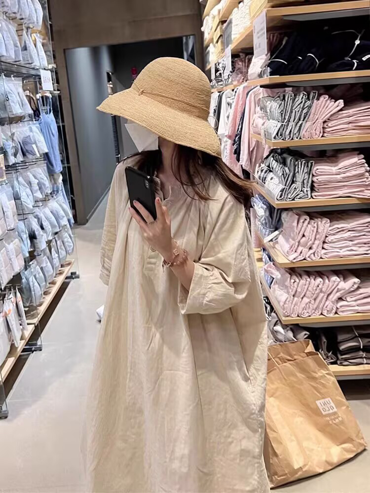 50代ファッション 麻混ふんわりロングワンピース