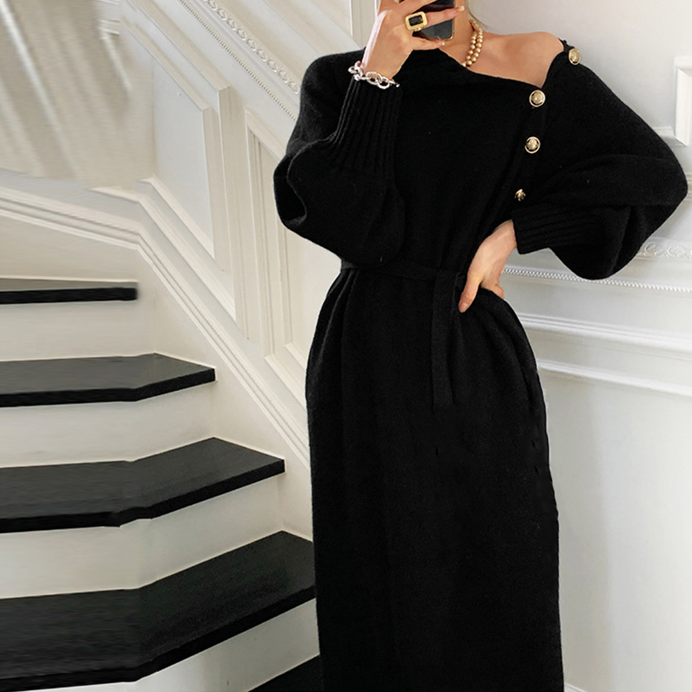 50代ファッション 長袖ニットワンピース タートルネック ウエストマーク