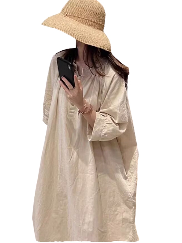 50代ファッション 麻混ふんわりロングワンピース
