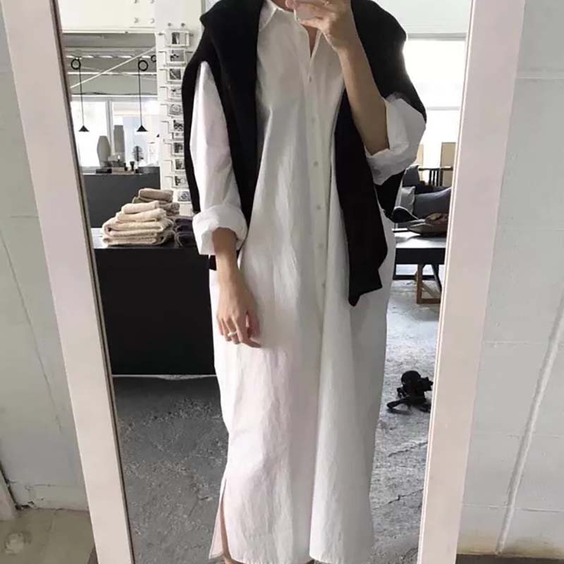 50代ファッション リラックス前開きシャツワンピース