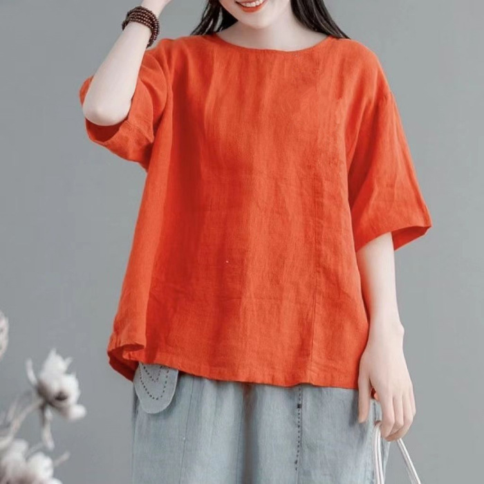 シンプルファッション ナチュラル麻混素材ゆったりトップス