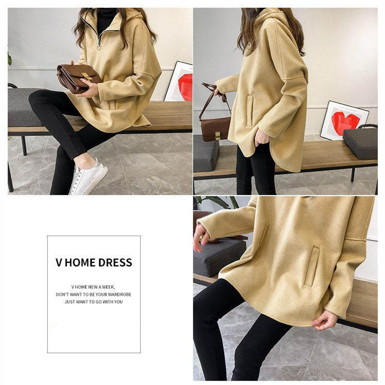 シンプルファッション フード付き無地パーカー体型カバー長袖チャック付きレディース