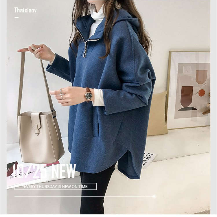 シンプルファッション フード付き無地パーカー体型カバー長袖チャック付きレディース