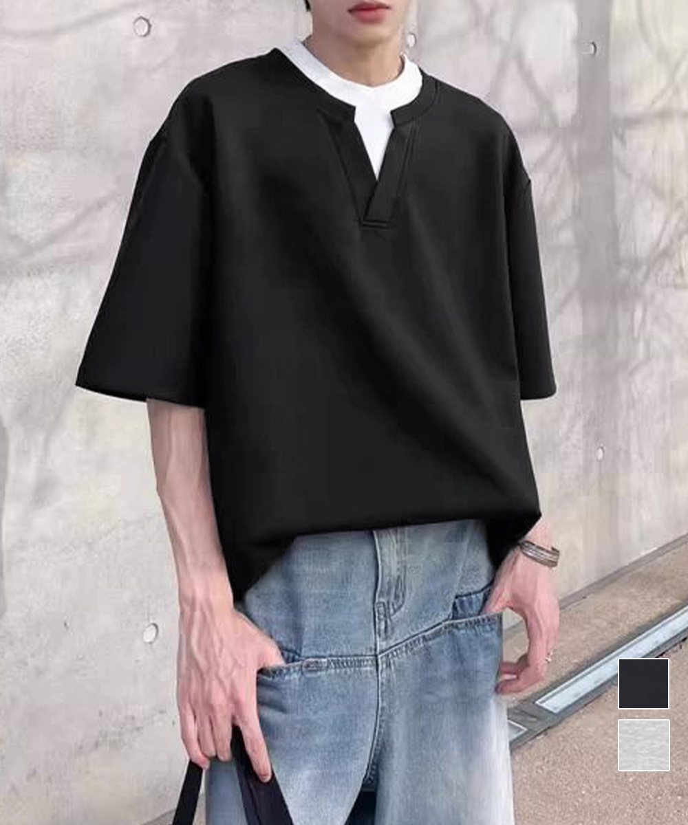 シンプルファッション 五分袖重ね着風カットソー メンズ