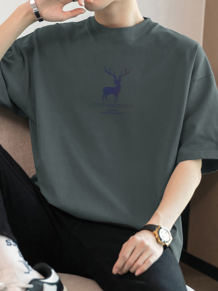 シンプルファッション 純綿ヘビーウェイト鹿モチーフプリントTシャツ