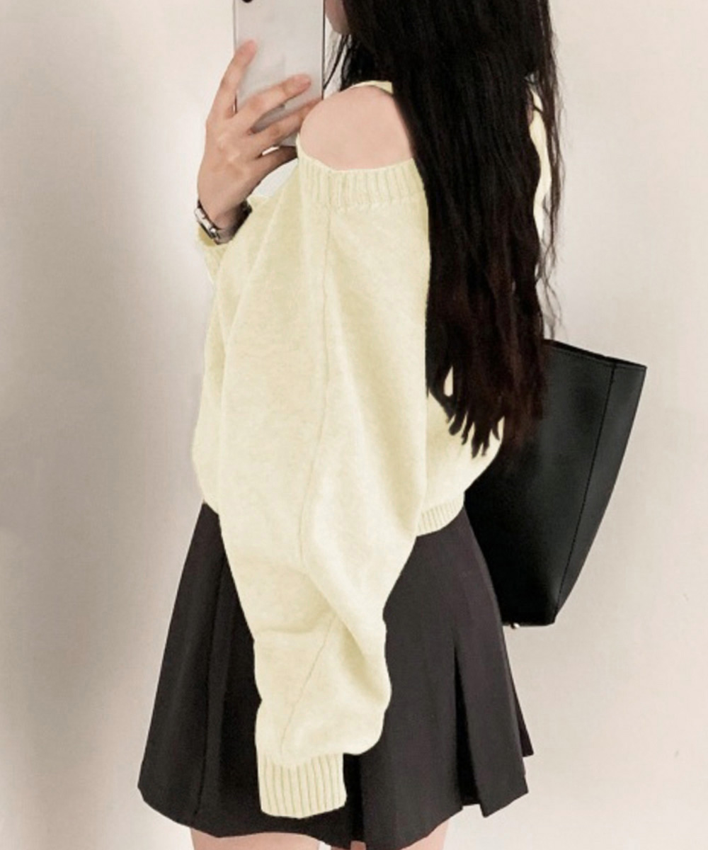 シンプルファッション ワンショルダーニットトップス肩見せ秋冬