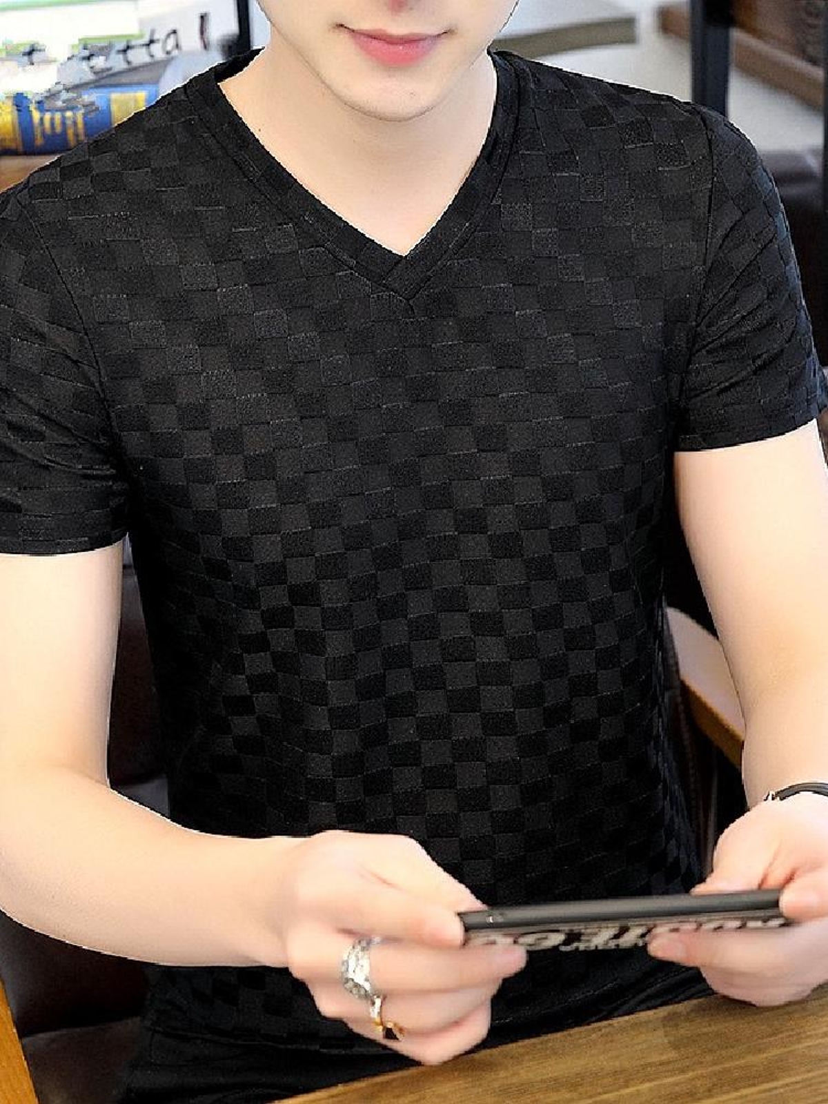 シンプルファッション 格子柄ジャカード編み半袖Tシャツ