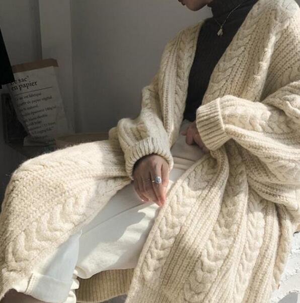 シンプルファッション ケーブル編みロングニットカーディガン