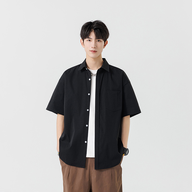 シンプルファッション シルク調ワークシャツ 半袖