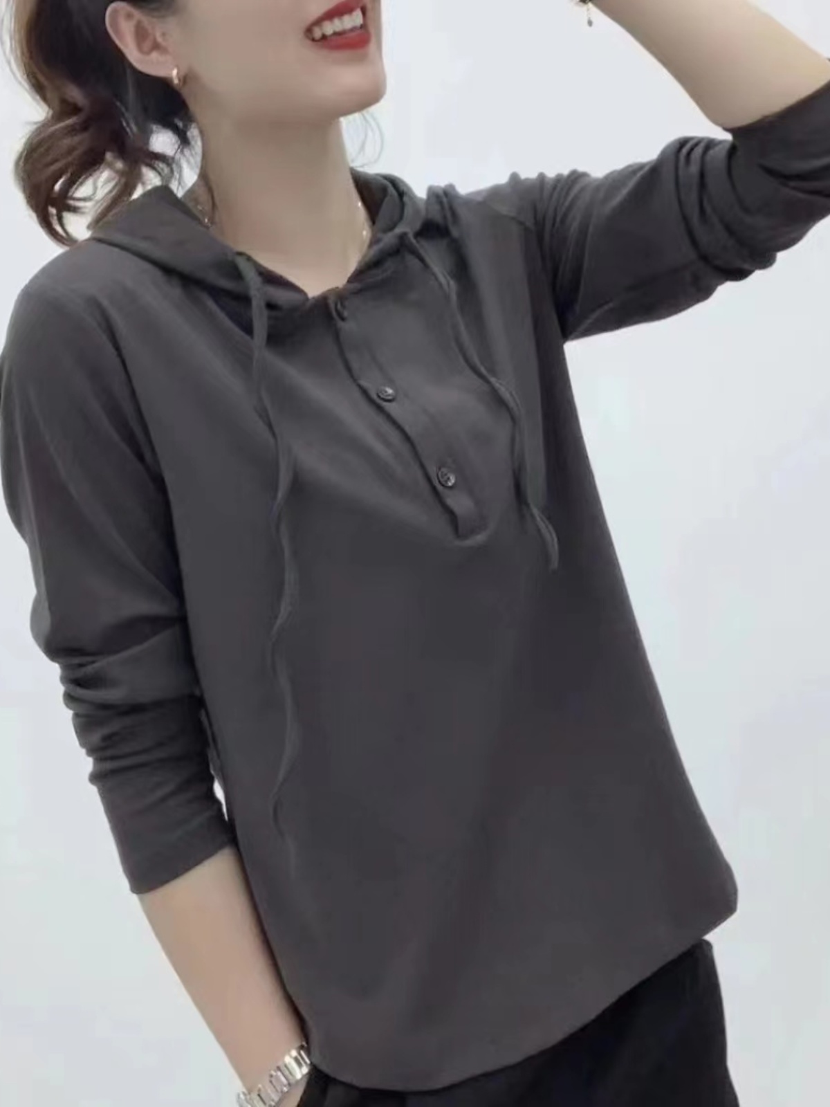 シンプルファッション フロントボタン付きシンプルパーカー