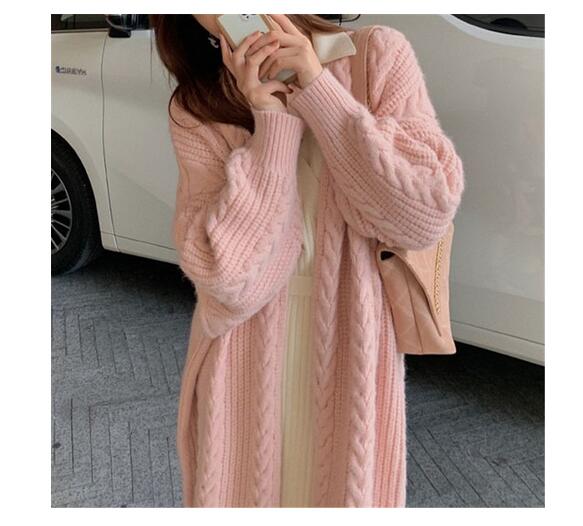 シンプルファッション ケーブル編みロングニットカーディガン