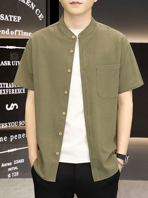 シンプルファッション スタンドカラー半袖シャツ 綿素材
