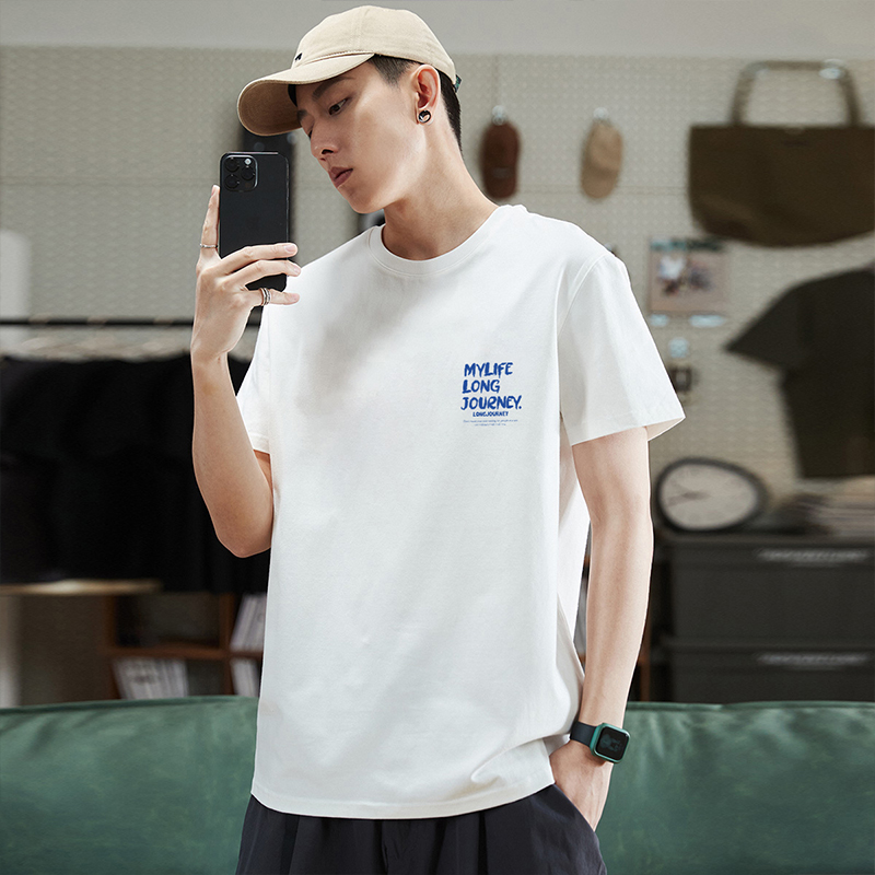 シンプルファッション 胸元メッセージプリント綿素材半袖Tシャツ