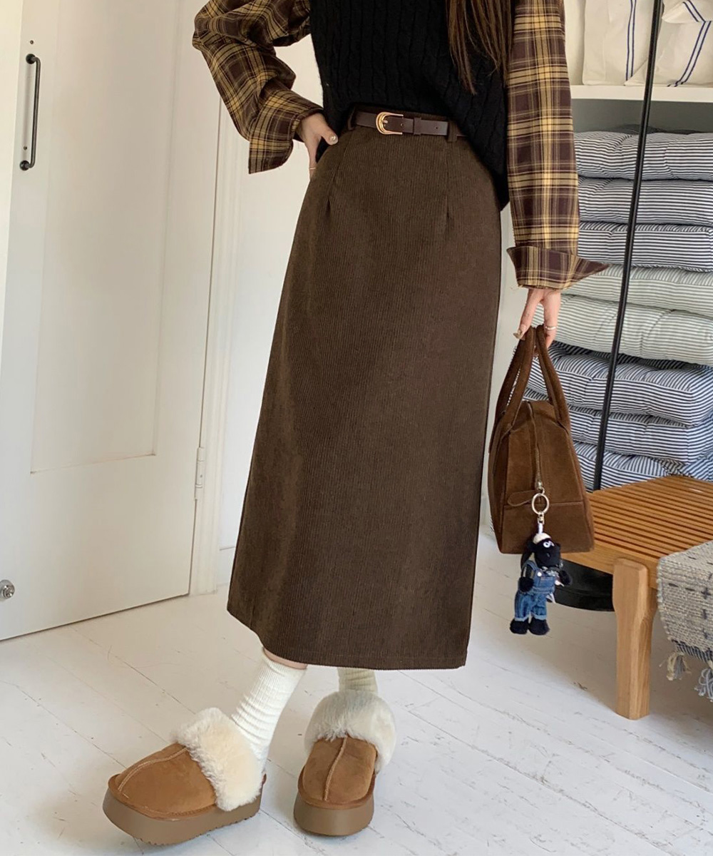 シンプルファッション パンツ コーデュロイベルト付きロングスカート